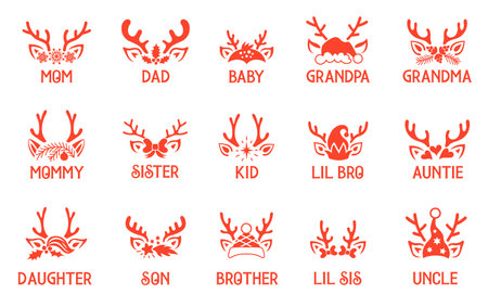 Christmas family design with reindeer faces and names.のイラスト素材