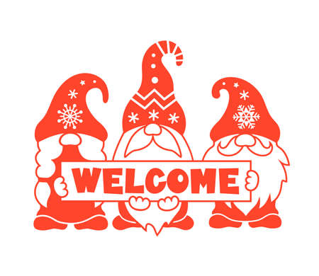 Christmas welcome sign with gnomes family. Vector holiday design.のイラスト素材