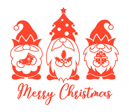 Three funny gnomes with the inscription Merry Christmas. Holiday sign, symbol or card.のイラスト素材