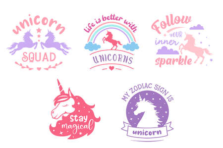 Unicorns quote set. Cute kids design for girl. Vector fairy emblem badge or sign.のイラスト素材