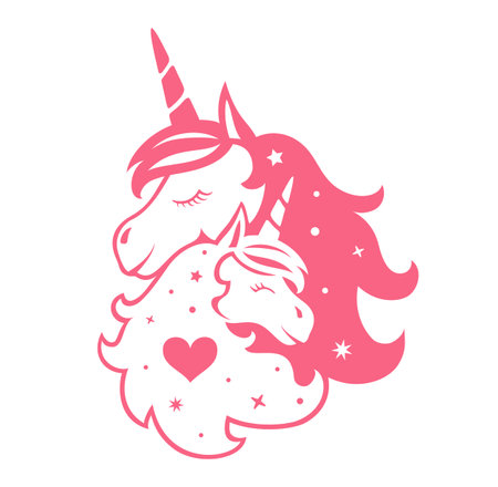 Vector silhouettes of mama and baby unicorns isolated on white background. Cute girly illustration.のイラスト素材