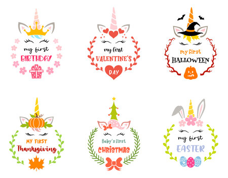 Kids holiday illustration with the inscription my first. Themed unicorn faces with quotes.のイラスト素材