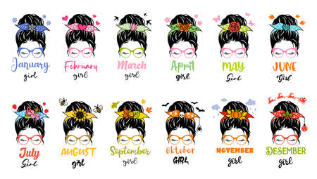 Messy bun set with girls and women born in any month.のイラスト素材