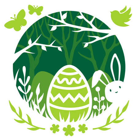 Easter design with eggs and bunny in spring garden. Colorful holiday card. Funny vector poster.のイラスト素材