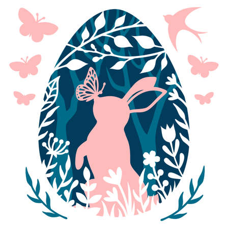 Easter design with eggs and bunny in spring garden. Colorful holiday card. Cute vector poster.のイラスト素材