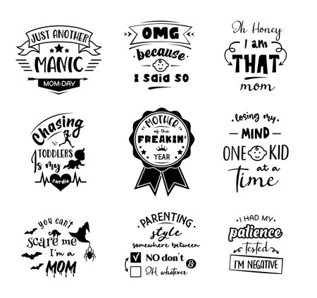 Mom life emblems, signs and labels with sarcastic quotes. Set of vector mother designs.のイラスト素材