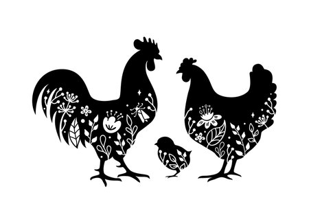 Farmhouse sign with floral rooster and chicken. Vector rustic badge.のイラスト素材