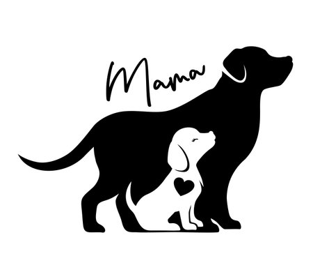 Dog with puppy. Vector silhouettes of mama and baby animal isolated on white background. Pet emblemのイラスト素材