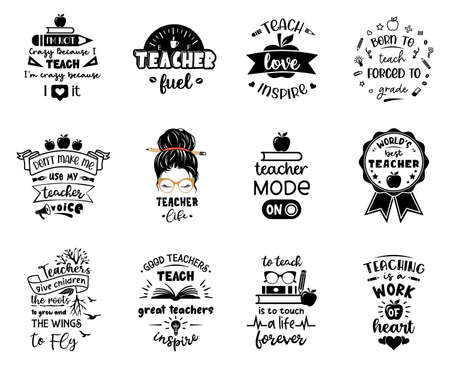 Teacher life emblems, signs and labels with funny quotes. Set of vector school designs.のイラスト素材