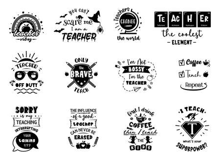 Set of Teacher emblems, signs and labels with funny quotes.のイラスト素材