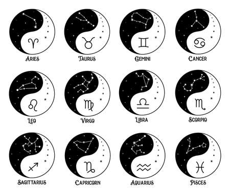 Vector silhouette design of zodiac symbols. Yin yang design with constellations. Horoscope symbols.のイラスト素材