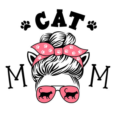 Cat mom funny illustration with a black cat, glasses and a bandana.のイラスト素材