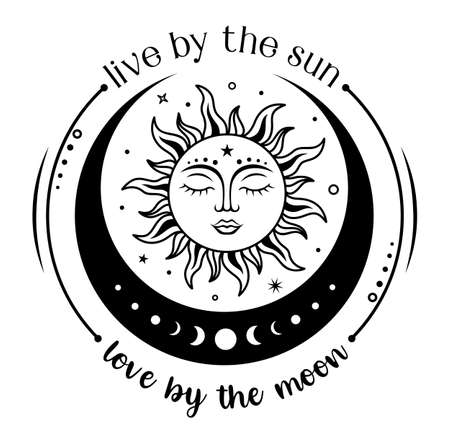 Sun with crescent moon and quote. Vector silhouette design. Boho celestial sign.のイラスト素材