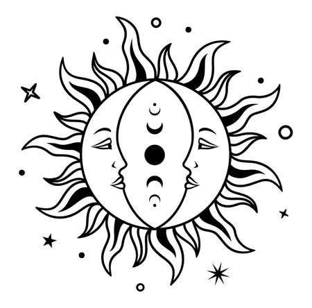 Two moons look at each other. Mystic celestial sign.のイラスト素材