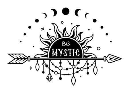 Tribal sign with sun and arrow. Boho mystic silhouette illustration.のイラスト素材