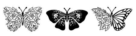 Silhouettes of various floral butterflies. Decorative elements. Vector illustration.のイラスト素材