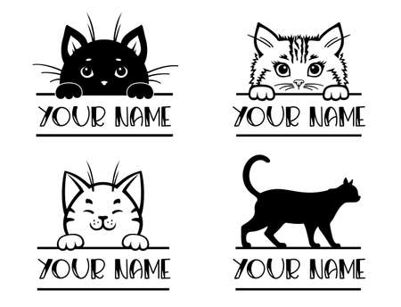 Cat name monogram. Peeking face cat vector design.のイラスト素材