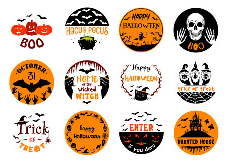 Halloween emblems, signs and labels with quotes. Set of vector Halloween designs.のイラスト素材