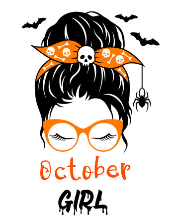 Halloween mom messy bun design with bandana, glasses, skull and bat. October girl quote.のイラスト素材