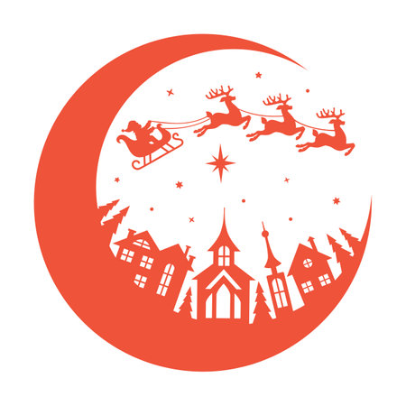 Christmas round signs with Santa Claus, team of reindeer and town. Holiday vector illustrationのイラスト素材