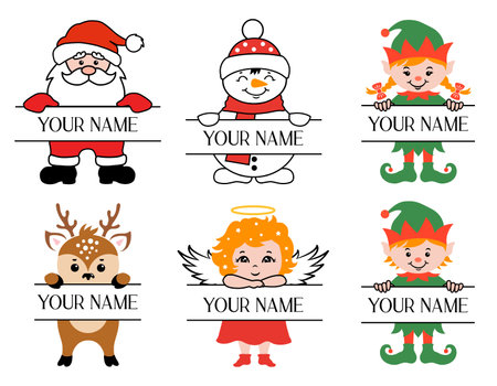 Christmas name monogram for kids. Peeking holiday faces vector.のイラスト素材