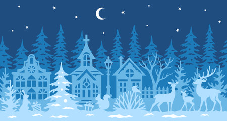 Christmas wonderland. Winter Holiday scene vector. Christmas village plotのイラスト素材
