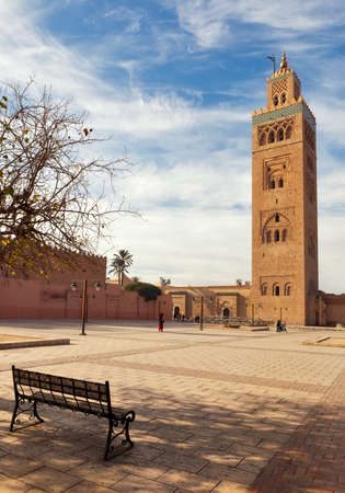 Marrakesh city mosque and square with benchの写真素材