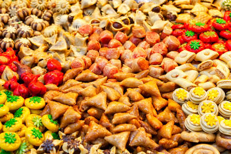 Traditional moroccan sweets on sale at Marrakesh marketの写真素材
