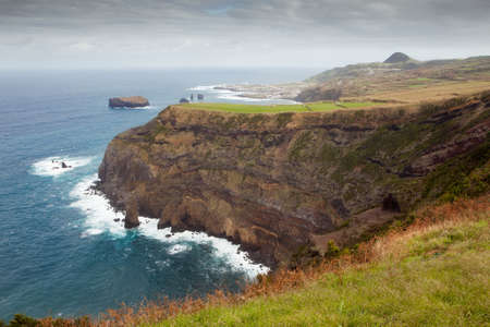 Aerial view to Mosteiros city over fields, San Miguel, Azores, Portugalの写真素材