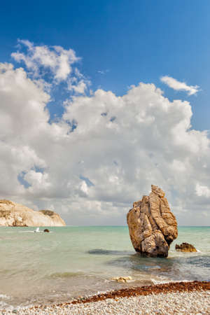 Rock at empty pebble beach Petra tou Romiou at early spring, Cyprusの写真素材