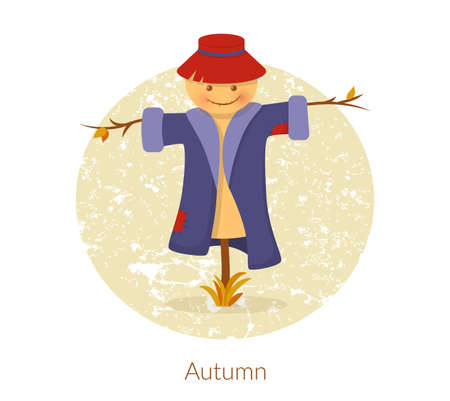 Hello autumn elements. Happy smiling scarecrow on a light background. Harvest time autumn greeting card vector.のイラスト素材