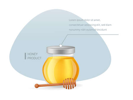 Honey product. Glass transparent jar with full of honey and wooden spoon dipper infographic on a light background vector illustrationのイラスト素材