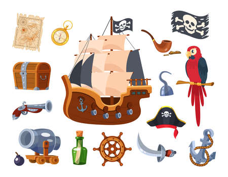 Adventure pirate set. Pirate ship equipment, treasure map and box, weapon, parrot, compass, treasure chest, pipe with tobacco, hat, flag, pistol, bottle of rum. Symbols of sea adventure vectorのイラスト素材