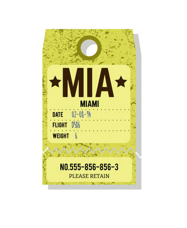 Old vintage luggage tag. Baggage checks or ticket for passenger flight. Baggage ticket for passengers at airport. Grunge passport for stamps, tag registered. Miami, USA country label vectorのイラスト素材