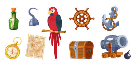 Adventure pirate set. Pirate ship equipment, treasure box, weapon, parrot, compass, map, treasure chest, bottle of rum, hat, flag, pistol, steering wheel, anchor. Symbols of sea adventure vectorのイラスト素材