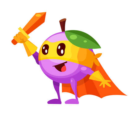 Funny cartoon character fruit plum in superhero costume at masks emotion with hands up. Vegetable character super hero product fun food costume vector illustration isolatedのイラスト素材
