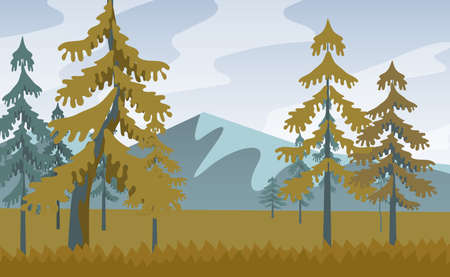 Beautiful landscape background. Autumn forest landscape, mountains and hills on horizon, coniferous trees, nature, silhouette template of banner vectorのイラスト素材