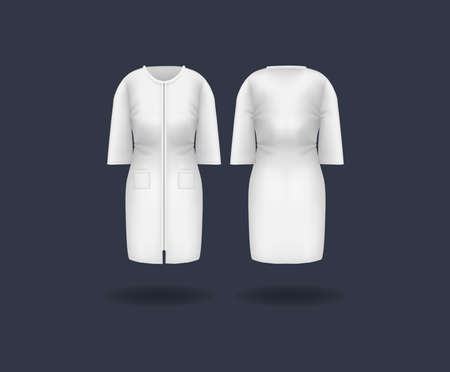 Realistic doctor coat mock up. Women's medical gown, lab uniform, doctor medical laboratory clothes, hospital professional suit on transparent background isolated mockup vectorのイラスト素材