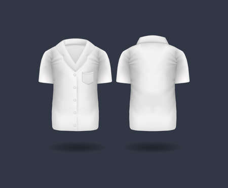 Realistic white medical T-shirt, lab uniform, doctor medical laboratory clothes, hospital professional suit on dark background isolated vector. Realistic doctor coat mockup.のイラスト素材