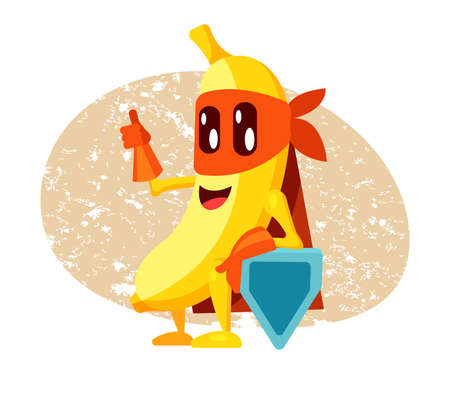 Funny cartoon character fruit banana in superhero costume at masks emotion, protector with shield. Vegetable character super hero product fun food costume vector illustration isolatedのイラスト素材