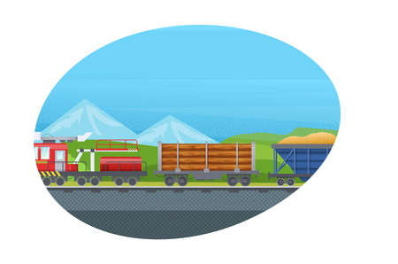 Freight train with wagons, tanks, freight, cisterns. Railway locomotive train with wagon, transportation cargo, railway crane for lifting cargo, transport locomotive, subway metro vector isolatedのイラスト素材