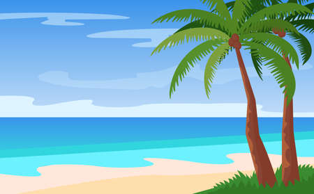 Vector cartoon landscape of empty island, beautiful beach overlooking the sea, palms, scorching sun. Bright landscape summer background beautiful nature.のイラスト素材