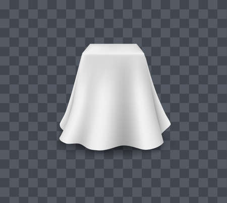 Draped table covers. Big realistic pair hanging napkin, tablecloth, curtain. White silk cloth covered tablecloth, fabric curtain cover. Realistic illustration on transparent background.のイラスト素材