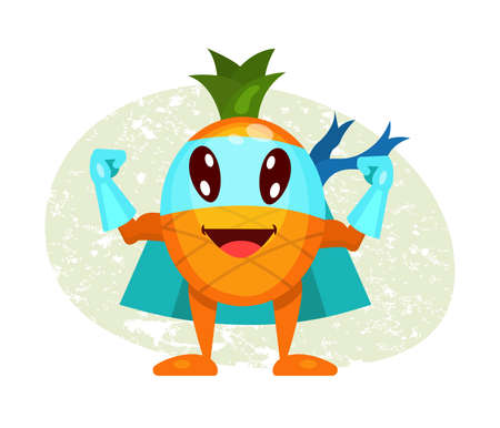 Funny cartoon character fruit pineapple in superhero costume at masks emotion with hands up. Vegetable character super hero product fun food costume vector illustration isolatedのイラスト素材