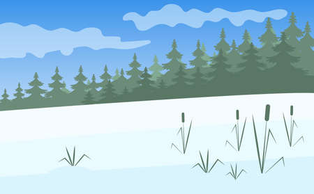 Beautiful winter forest landscape background. Landscape of winter forest, grove covered with snow and planted with trees with floating clouds. Vector silhouette template.のイラスト素材