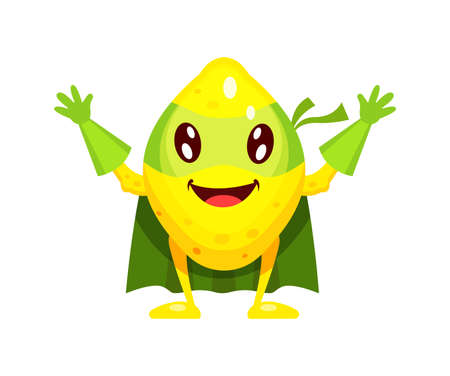 Funny cartoon character fruit lemon in superhero costume at masks emotion with hands up. Vegetable character super hero product fun food costume vector illustration isolatedのイラスト素材