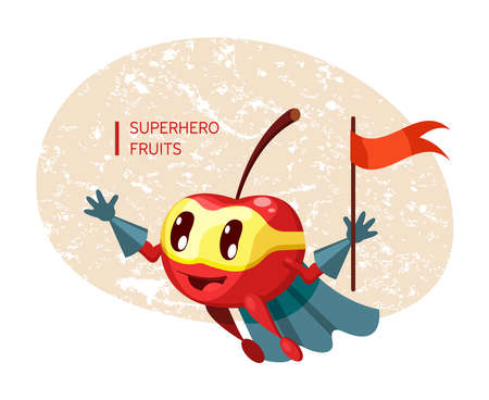 Funny cartoon character fruit cherry in superhero costume at masks emotion with flag in hand. Vegetable character super hero product fun food costume vector illustration isolatedのイラスト素材