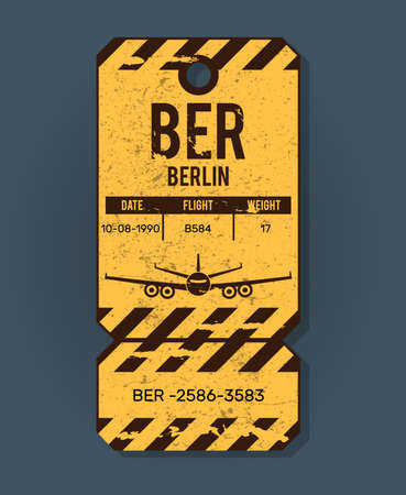 Old vintage luggage tag. Baggage checks or ticket for passenger flight. Baggage ticket for passengers at airport. Detail grunge passport for stamps, tag registered. Berlin, Europe country label vectorのイラスト素材