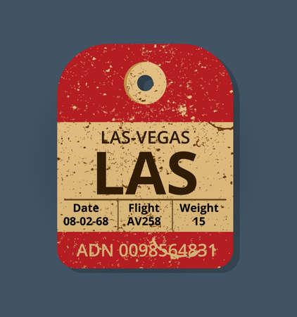 Old vintage luggage tag. Baggage checks or ticket for passenger flight. Baggage ticket for passengers at airport. Detail grunge passport for stamps, tag registered. Las Vegas, USA country label vectorのイラスト素材