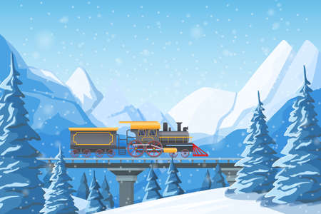 Retro train traveling by rail, on a bridge, among mountains, snow-covered hills, winter forest pines and hills. Winter fir trees in snow among snow-capped mountains landscape illustration vectorのイラスト素材